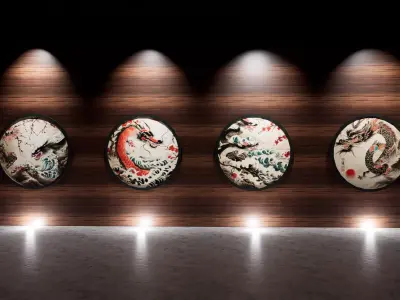 4 Old Style Japan Dragons Pictures Low-poly 3D model Low-poly 3D model