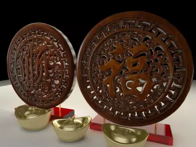 Chinese yuanbao with fu carving pattern 3D model
