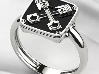 Crossed Pistons Silver Gold Ring with Enamel 3D print model