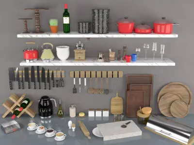 Kitchen collection utensils on shelves Free 3D model