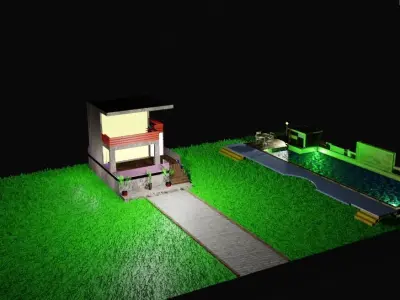 modern house with swimming pool and lawn Low-poly 3D model