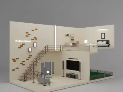 Isometric Living room  open inside interior architecture  Low-poly 3D model