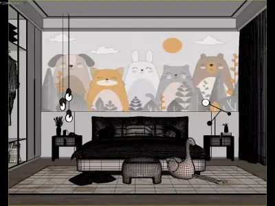 Modern Kids Bedroom Interior with Cartoon Animal Wall Mural 3D model