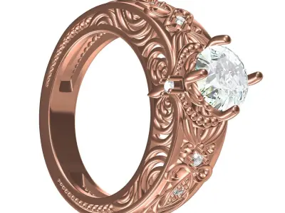 Single Round Diamond Filigree Art Deco Ring 3D print model