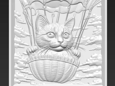 Kitten riding a hot air balloon A47 3D print model