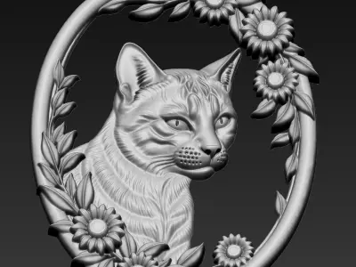 Cat Head with Flowers Border A89 3D print model