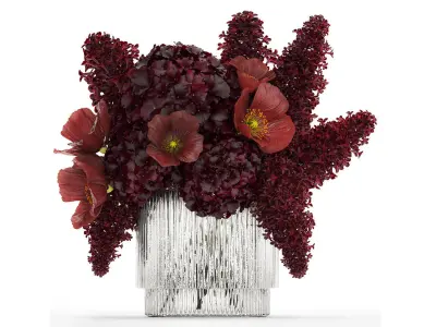 Bouquet of burgundy flowers in a vase lilac poppy hydrangea 3D model