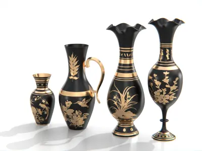 Black and Gold Decorative Vase Set Low-poly 3D model