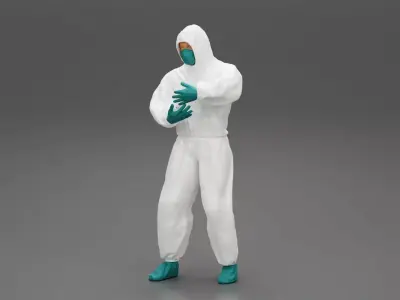man wearing antivirus suit standing and carrying 3D print model