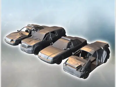 Set of four post-apocalyptic vehicles with a police car and vehi 3D print model