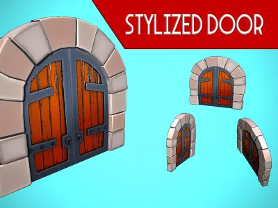 STYLIZED DOOR WOOD ROCKS CARTOON Low-poly 3D model