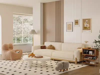 Cozy Cream Living Room With Striped Lounge Chair 3D model