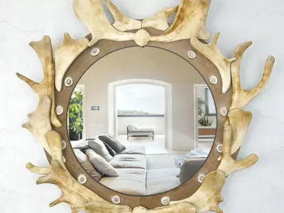 Antler and Wood Mounted Convex Mirror 3D model
