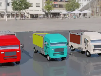 lowpoly truck three colorful trucks on city street Low-poly 3D model