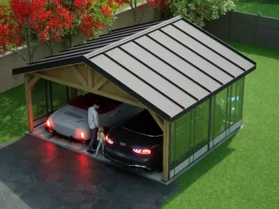 sheet metal wooden carport 5x6 m for render and game 3D model