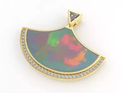 Elegant Fan Pendant 3D Model Opal Inlay Diamond Halo Design 3D print model