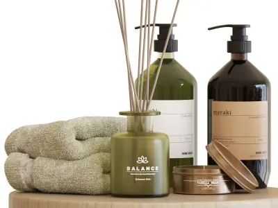 Bathroom Accessories-02-With Wooden Stools 3D model