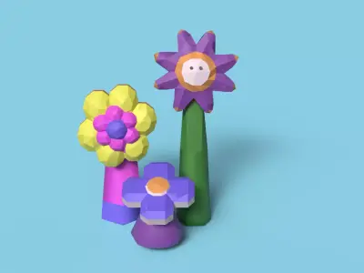 Lowpoly 3D flower bloom set of giant decoration flowers  Low-poly 3D model