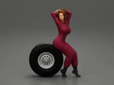 Two sexy girls in mechanic suits are sitting on a truck tire 3D print model