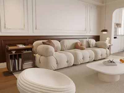 Cozy Modern French Living with Cloud Sofa and Warm Wood 3D model