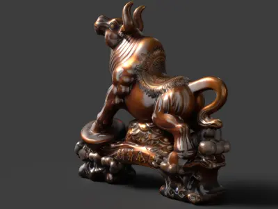 Chinese wooden ox figure  Low-poly 3D model