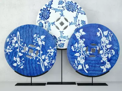 Blue and White Ceramic Disks 3 3D model