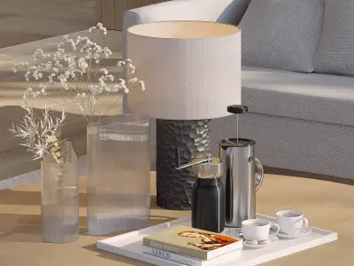 Coffee set 15 - tray pot cup books bouquet pot lamp 3D model