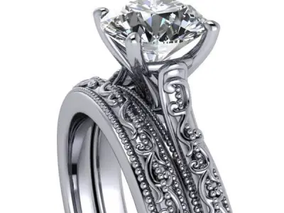 Vintage Classic 1 Carat Dia Solitaire Bridal wedding band set 3D print model