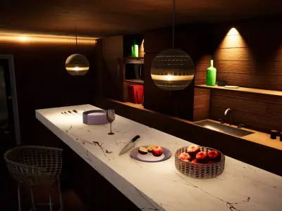 kitchen with wooden cabinets and lighting Free low-poly 3D model
