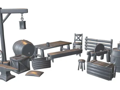 Medieval wooden village props Free 3D model