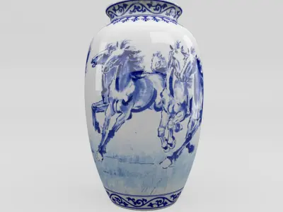 Chinese Blue and White Porcelain Vase - Horses Low-poly 3D model