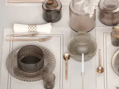 Table setting with a bouquet of white pampas grass 18 3D model