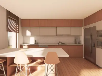 Modern Open - Space Kitchen Layout with Island and Dining Area 3D model