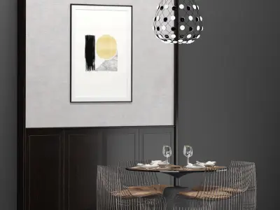 Rock Table and Sign Filo chairs set with Decoration wall 3D model