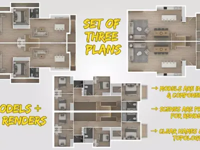 Set of Three 3D Floor Plans with Texture Furniture and Rendering 3D model