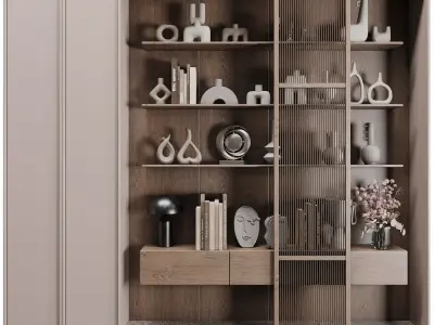 Wooden Shelves Decorative With Plants and Book - Wooden Rack 33 3D model