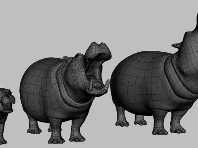 Hippopotamus Family Low-poly 3D model