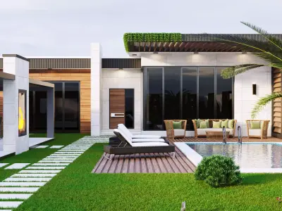 Realistic Villa modern house with pool and lawn Low-poly 3D model