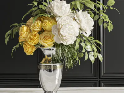 Flower Set 020 Yellow rose white peony 3D model