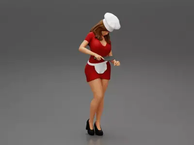 sexy woman chef cutting with knife 3D print model