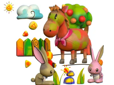 3D illustration Horse Hare Rabbit Ladybird Wood Low-poly 3D model