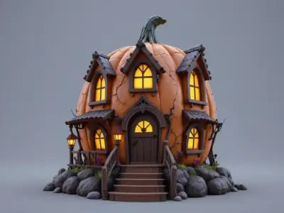 Halloween Pumpkin House 3D Model Spooky Cottage Game Ready 3D model