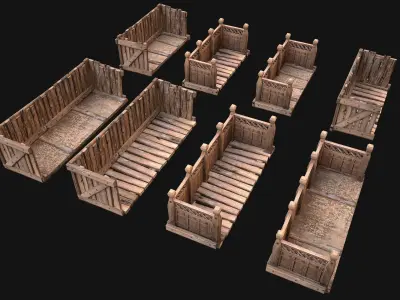 Medieval Wooden Balcony Low-poly 3D model