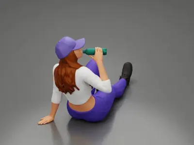Tired woman mechanic in cap sitting and drinking water 3D print model