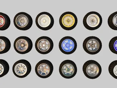 Pack of 100 unique rims tires for cars Low-poly 3D model