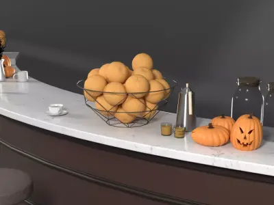 Curved Cafe Counter with Halloween Props Pack 3D model