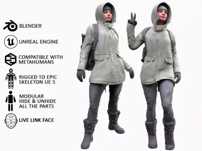 Woman - Winter Outfit 2 - Modular - Rigged Low-poly 3D model