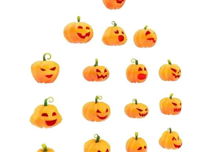 Carved pumpkin heads low poly 3d models set 2  3D model