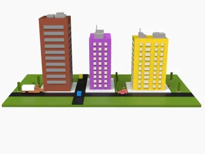 Simple Poly City - 3 Building Terrian Low-poly 3D model