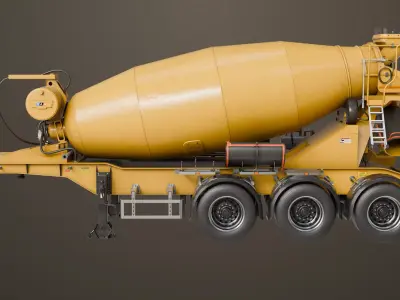 Cement Mixer and Trailer Yellow Rigged All PBR Unity UE Textures 3D Model Pack